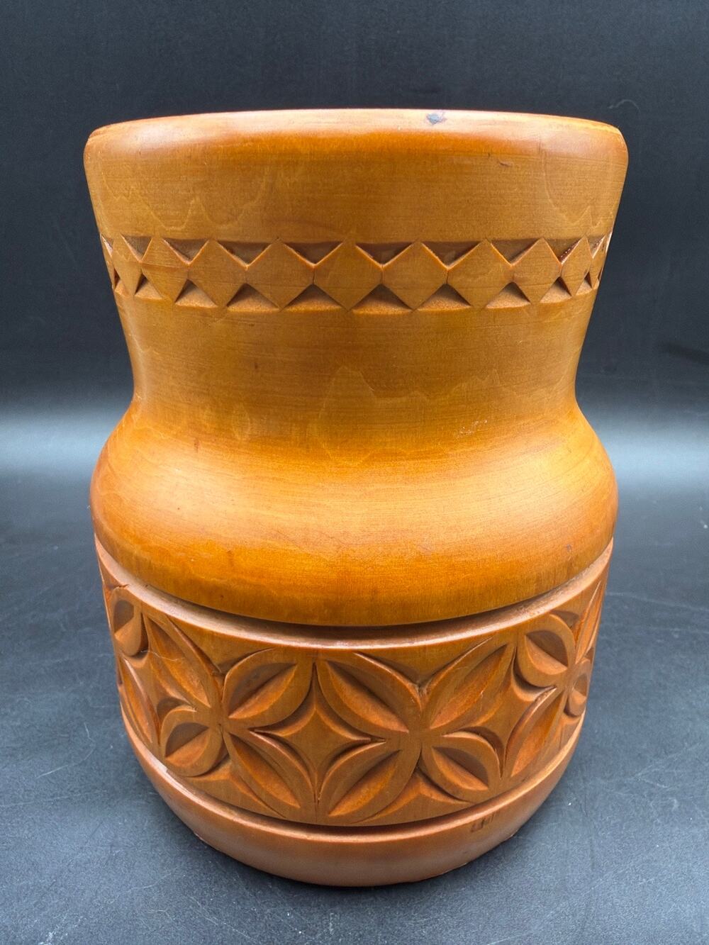 Vintage Carved Wood Vase 6” Geometric Floral Folk Art Decorative Vessel MCM